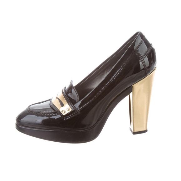 Hogan Black Patent Gold Detail Heeled Loafers - Picture 2 of 7